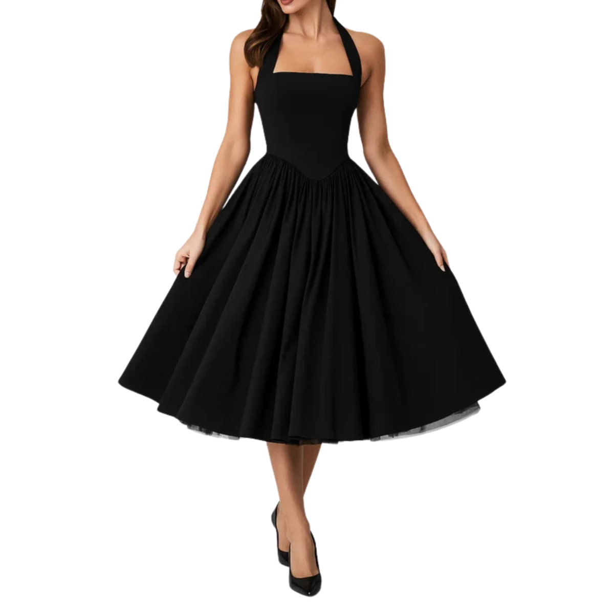 Women's midi halter dress — backless and full skirt — Black