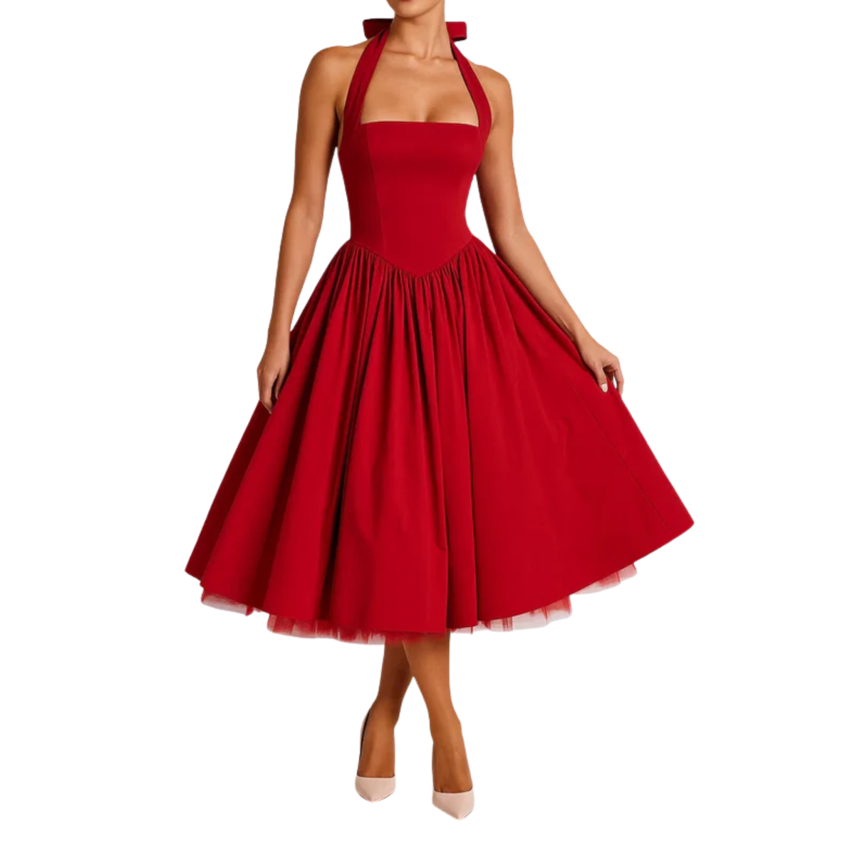 Women's midi halter dress — backless and full skirt — Red