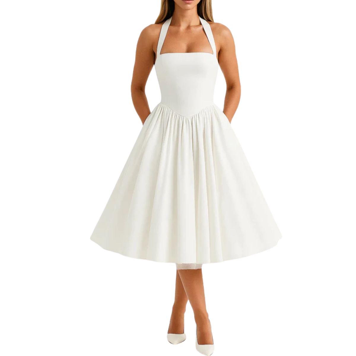 Women's midi halter dress — backless and full skirt — White