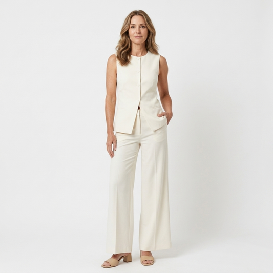 Women's wide-leg pants set — structured sleeveless top — mid-season — Cream