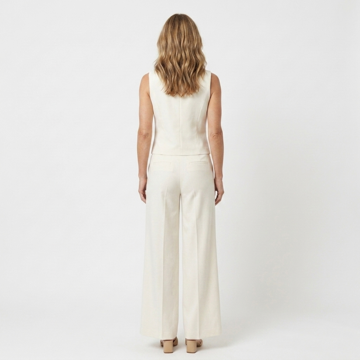 Women's wide-leg pants set — structured sleeveless top — mid-season — product view