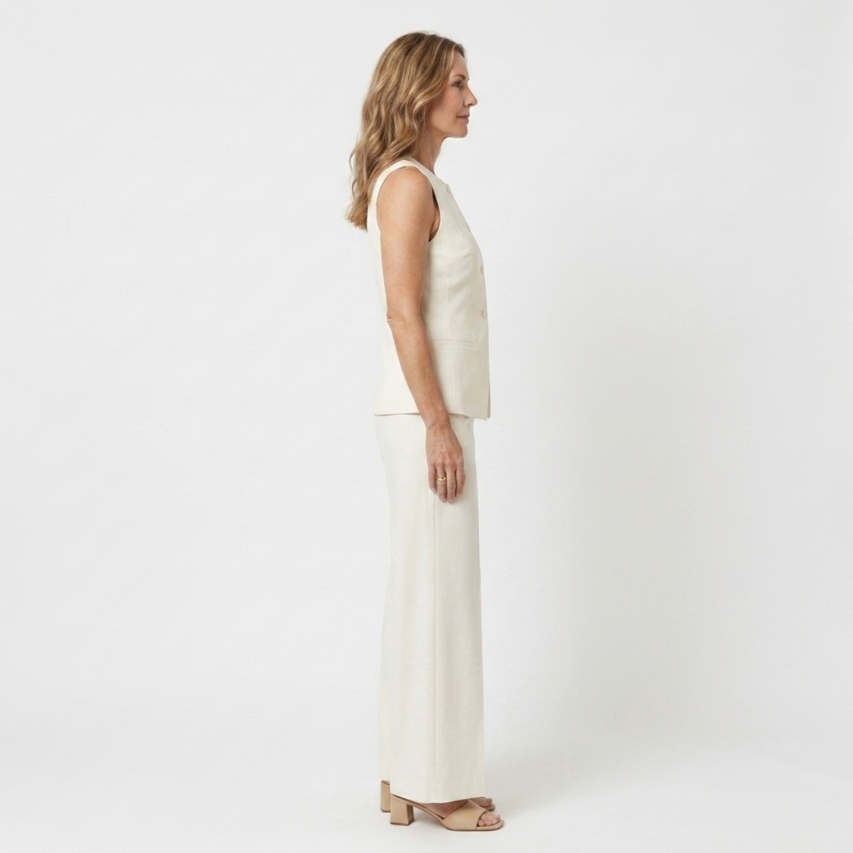 Women's wide-leg pants set — structured sleeveless top — mid-season — product view