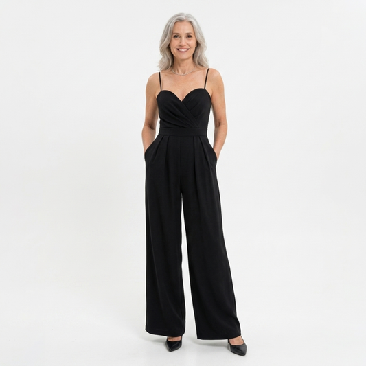 Women's high-waisted jumpsuit — wide legs and sweetheart neckline — Black