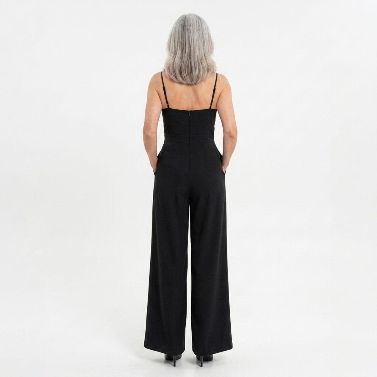 Women's high-waisted jumpsuit — wide legs and sweetheart neckline — product view