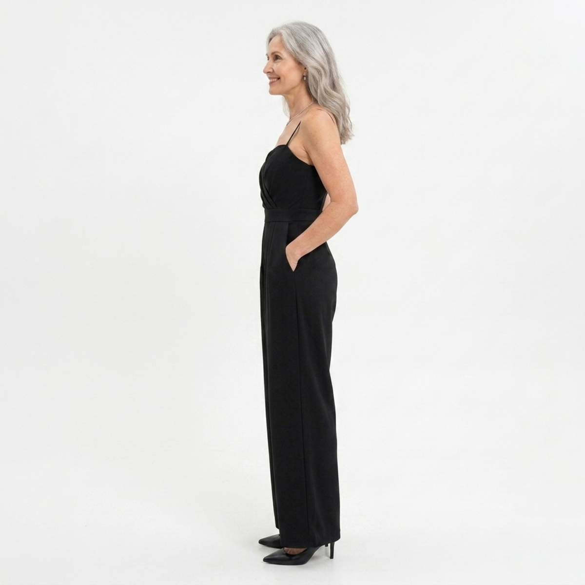 Women's high-waisted jumpsuit — wide legs and sweetheart neckline — product view