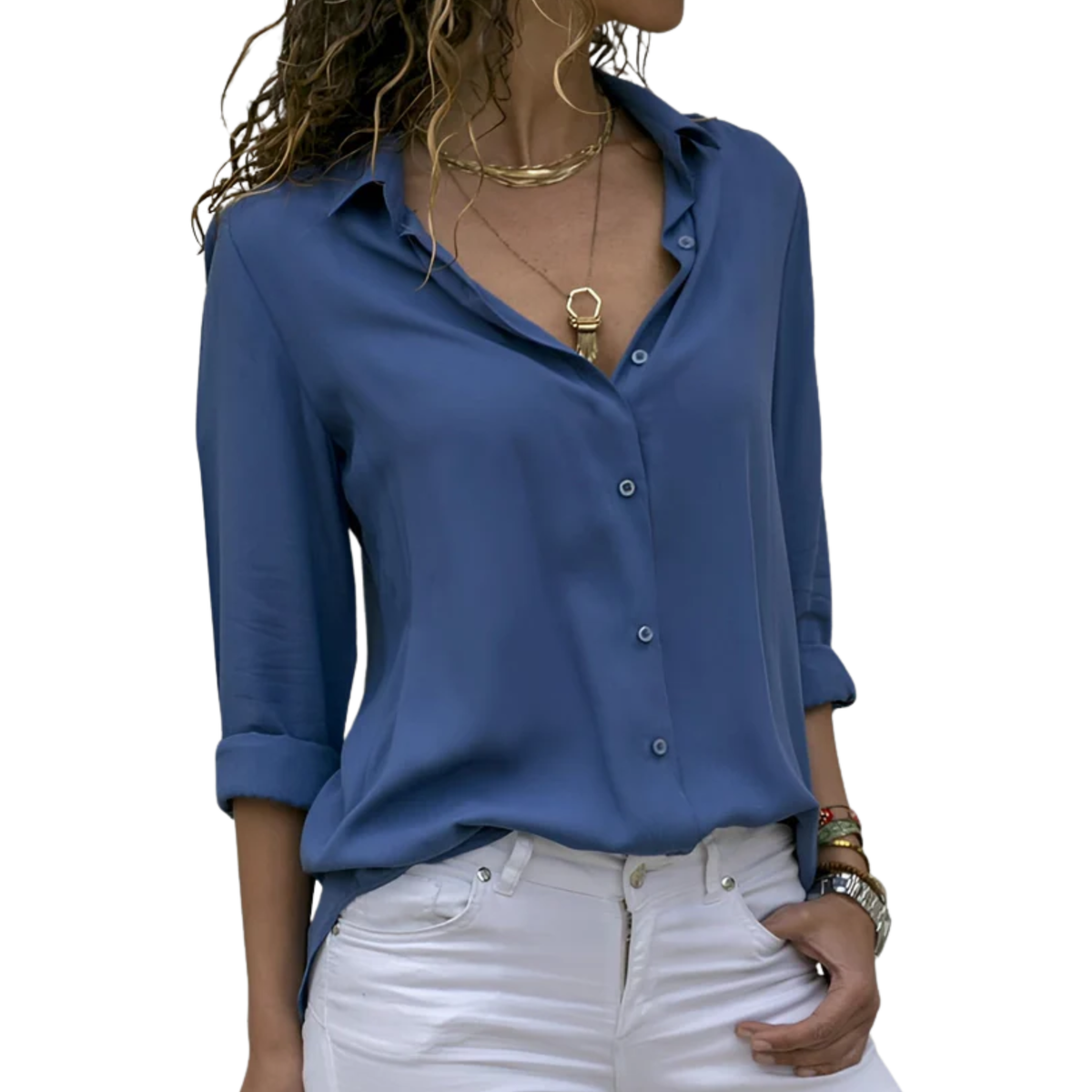 Women's fluid blouse — V-neck — office and evening — Blue