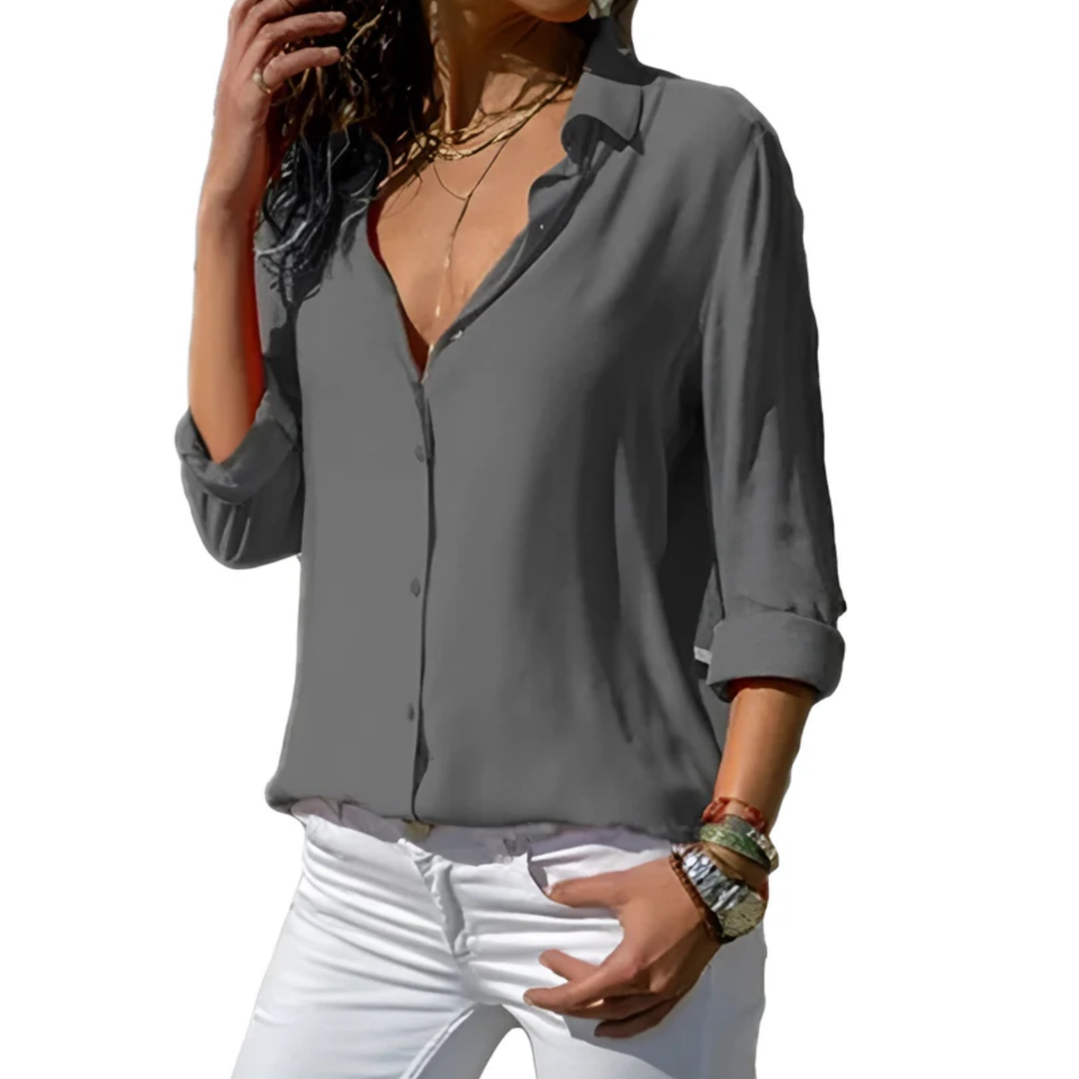Women's fluid blouse — V-neck — office and evening — Gray