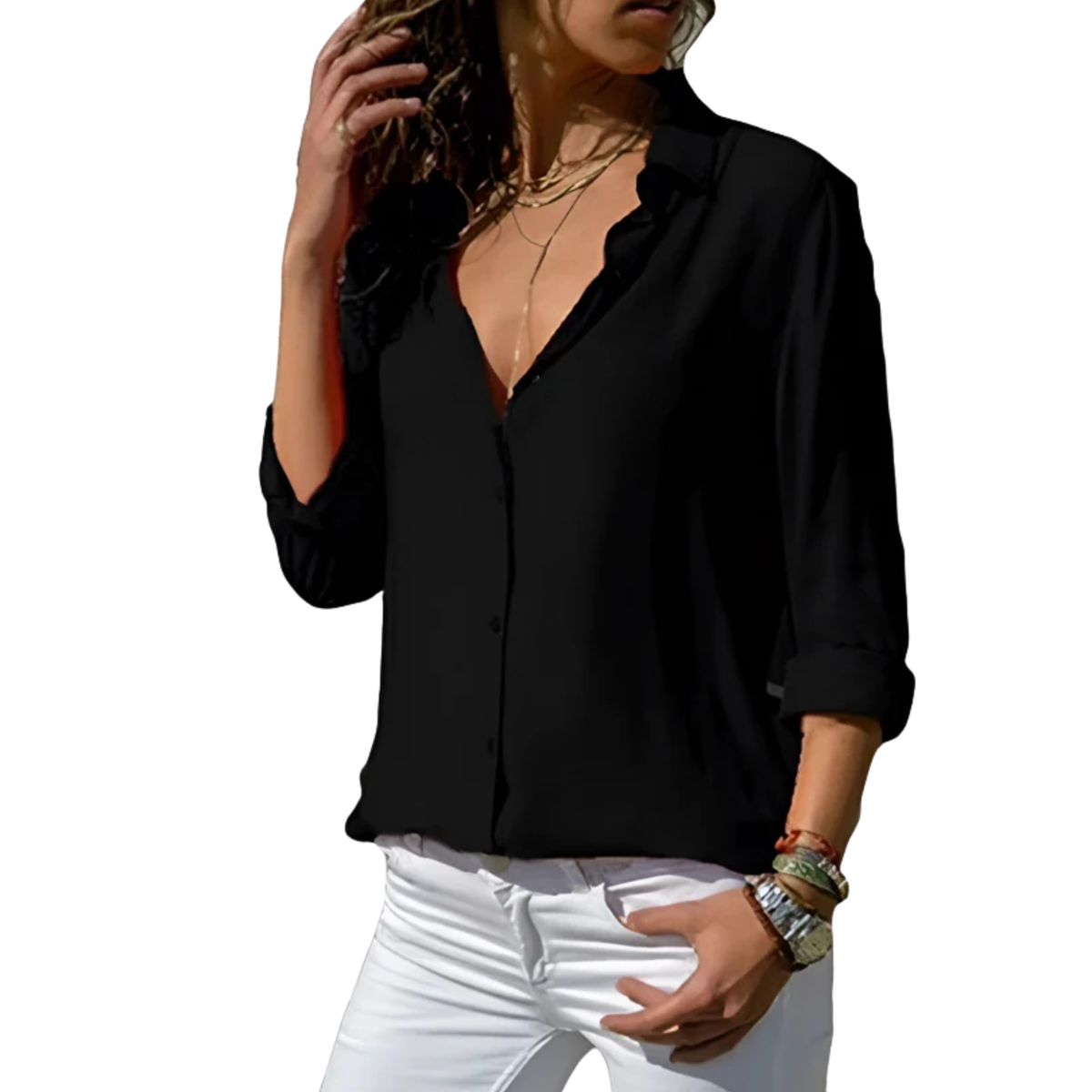 Women's fluid blouse — V-neck — office and evening — Black