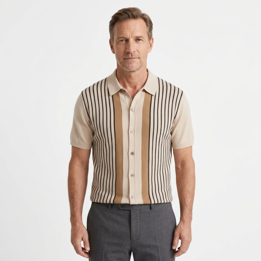 Men's knit shirt — vertical stripes — relaxed fit — Beige