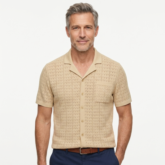 Men's knit polo shirt — jacquard pattern — casual retro style — Beige