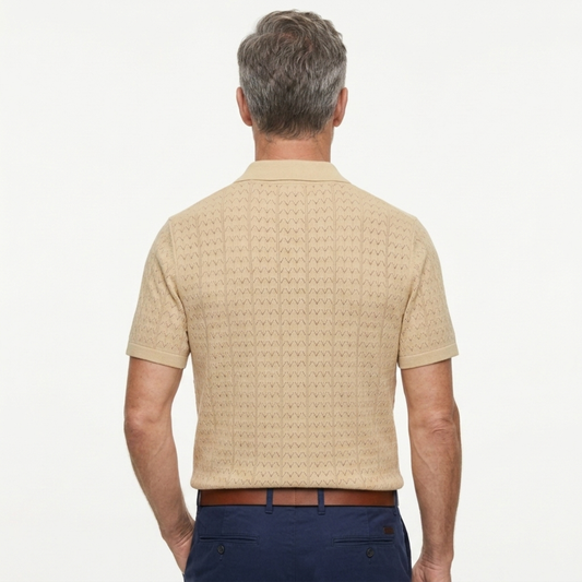 Men's knit polo shirt — jacquard pattern — casual retro style — product view