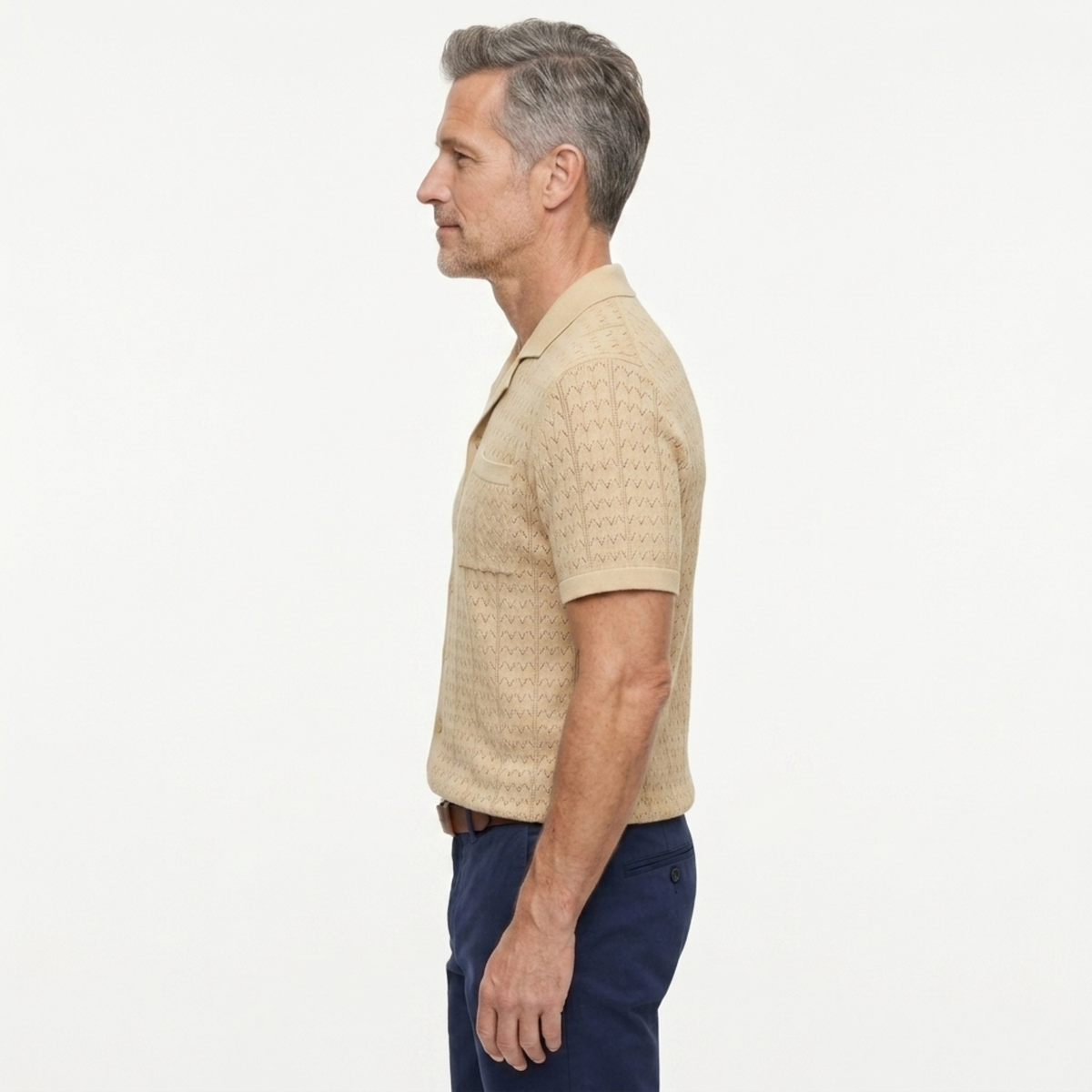 Men's knit polo shirt — jacquard pattern — casual retro style — product view