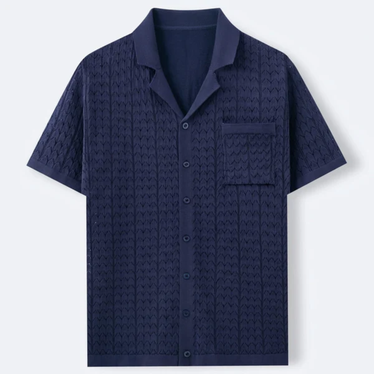 Men's knit polo shirt — jacquard pattern — casual retro style — Navy Blue