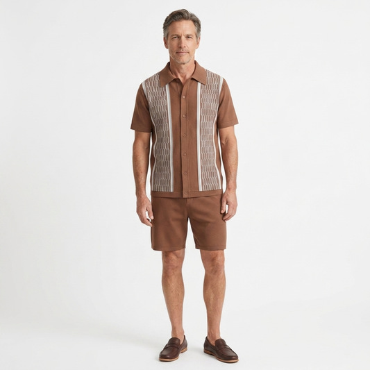 Two-piece knit set for men — geometric knit — casual summer outfit — Brown