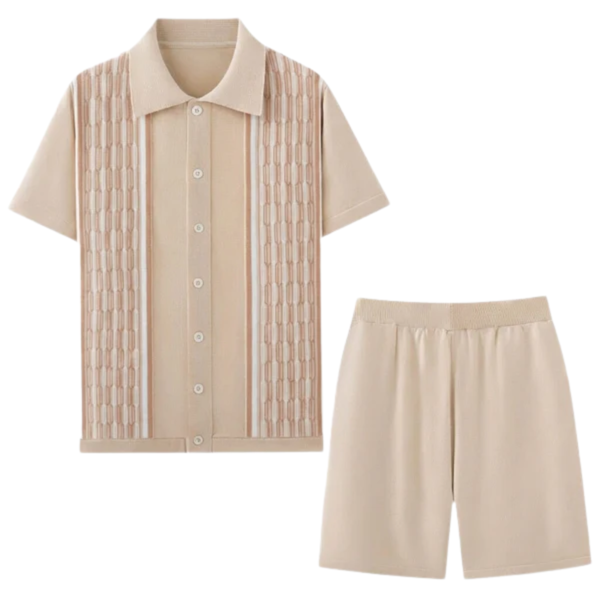 Two-piece knit set for men — geometric knit — casual summer outfit — Beige