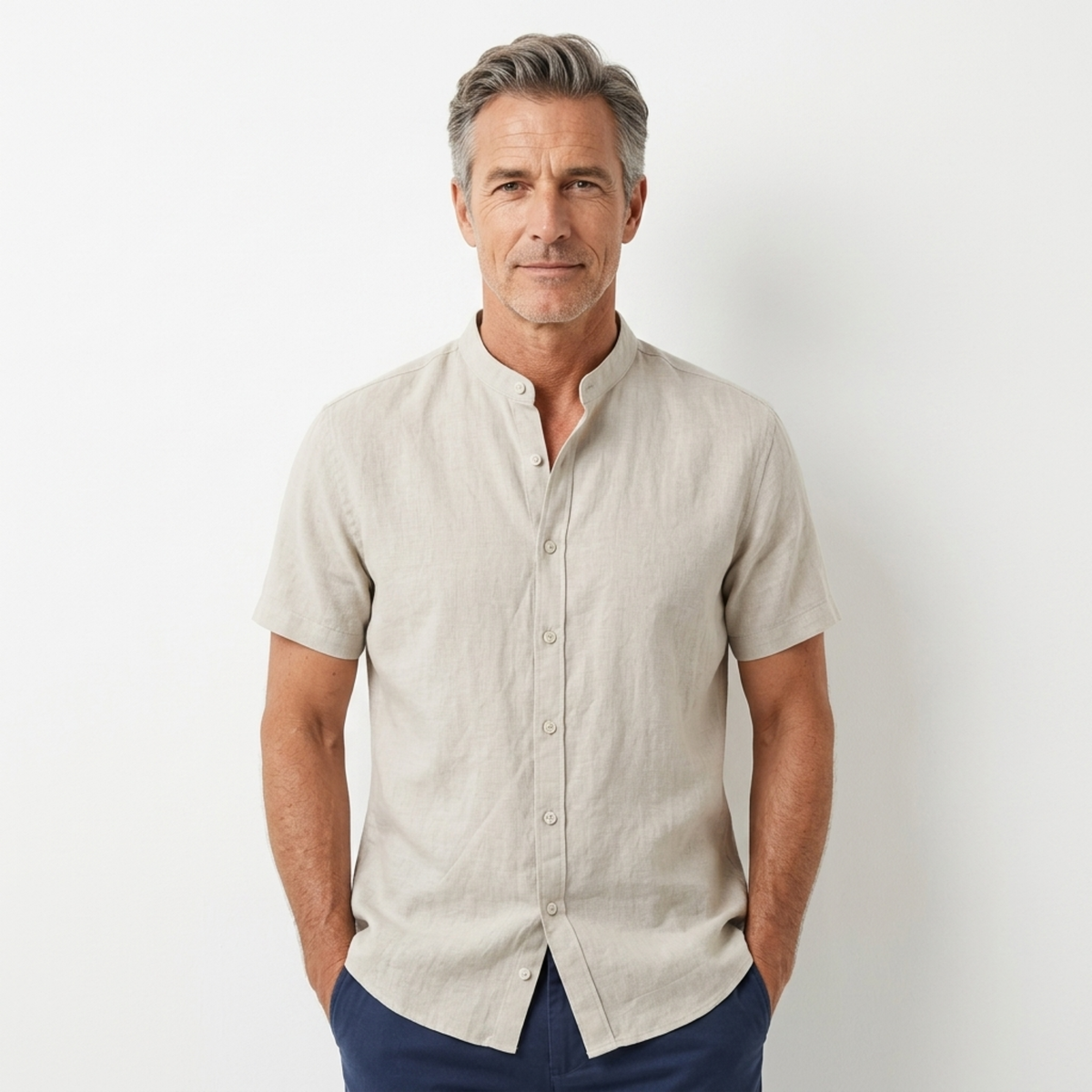 Men's shirt — short-sleeve band collar — casual beachwear — Ivory