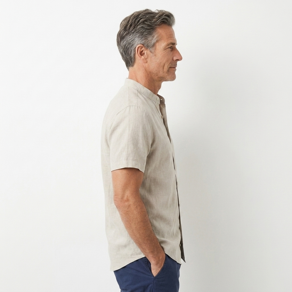 Men's shirt — short-sleeve band collar — casual beachwear — product view