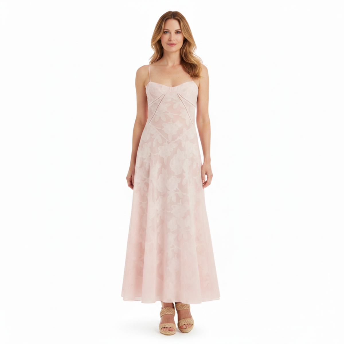 Long Evening Dress with Floral Embroidery Bustier and Flared Cut — Pink