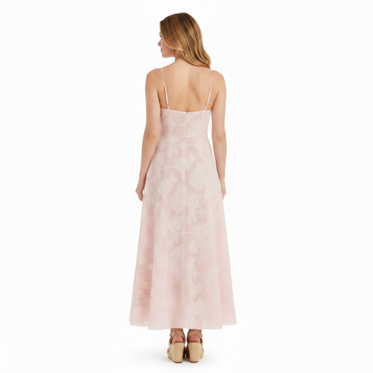 Long Evening Dress with Floral Embroidery Bustier and Flared Cut — Pink