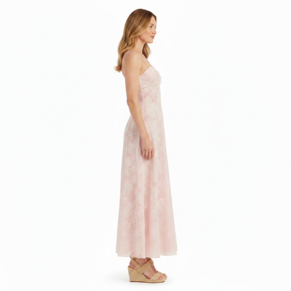 Long Evening Dress with Floral Embroidery Bustier and Flared Cut — Pink