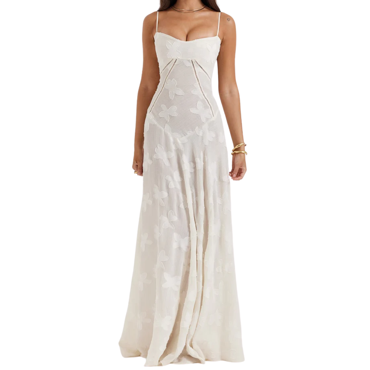 Long Evening Dress with Floral Embroidery Bustier and Flared Cut — White