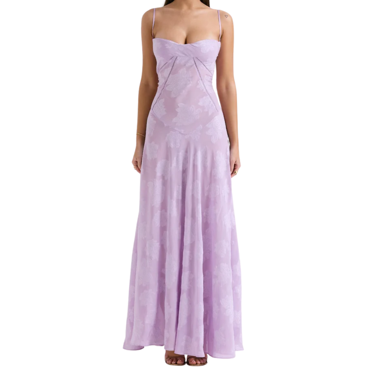 Long Evening Dress with Floral Embroidery Bustier and Flared Cut — Lavender