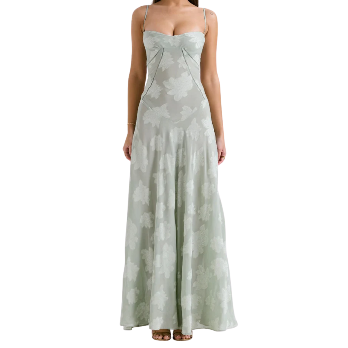 Long Evening Dress with Floral Embroidery Bustier and Flared Cut — Green