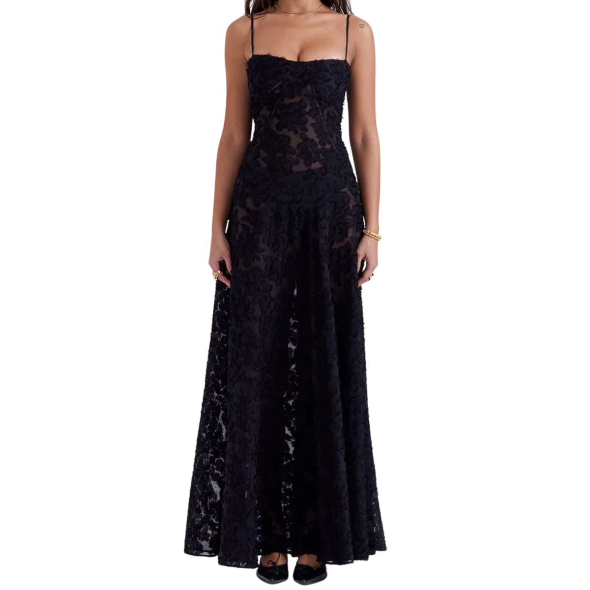 Long Evening Dress with Floral Embroidery Bustier and Flared Cut — Black