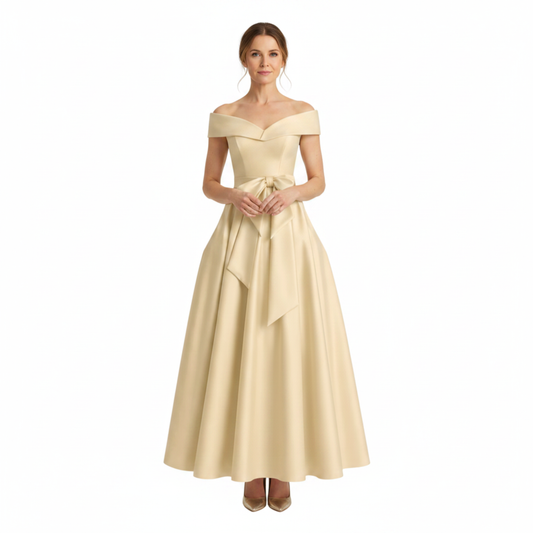 Midi Flared Wedding Guest Dress with Off-Shoulder and Waist Bow — Light Beige