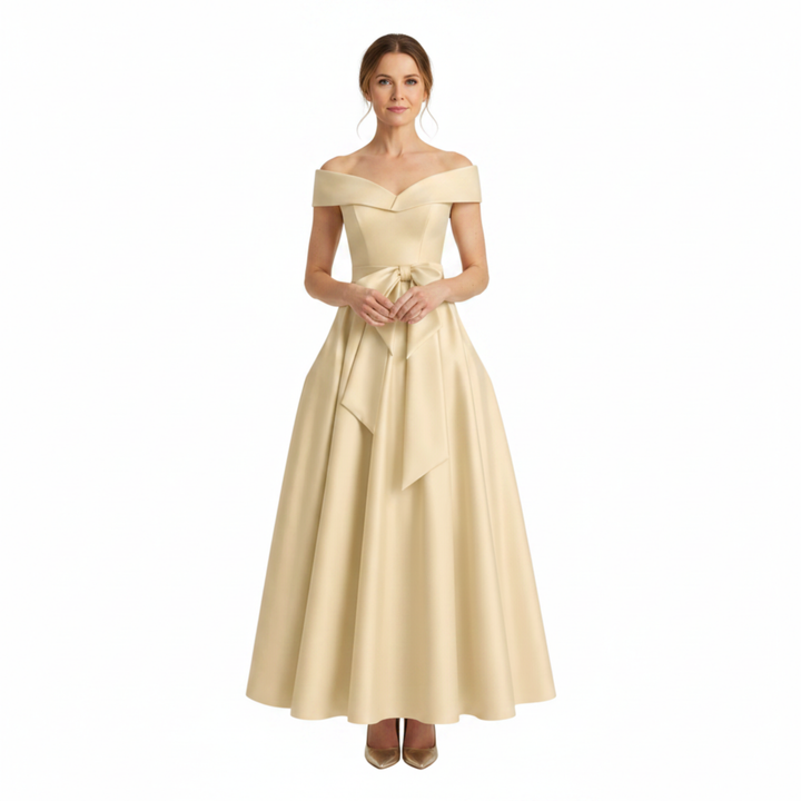 Damenkleid für Hochzeiten in Midilänge und ausgestelltem Schnitt — Hellbeige