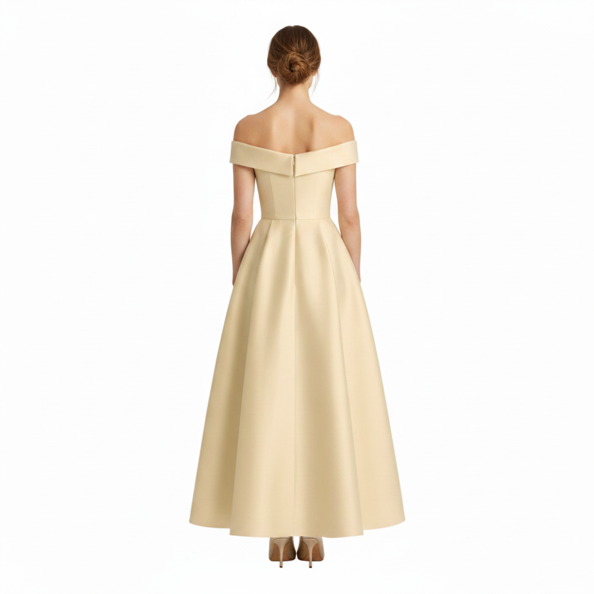 Midi Flared Wedding Guest Dress with Off-Shoulder and Waist Bow — Light Beige