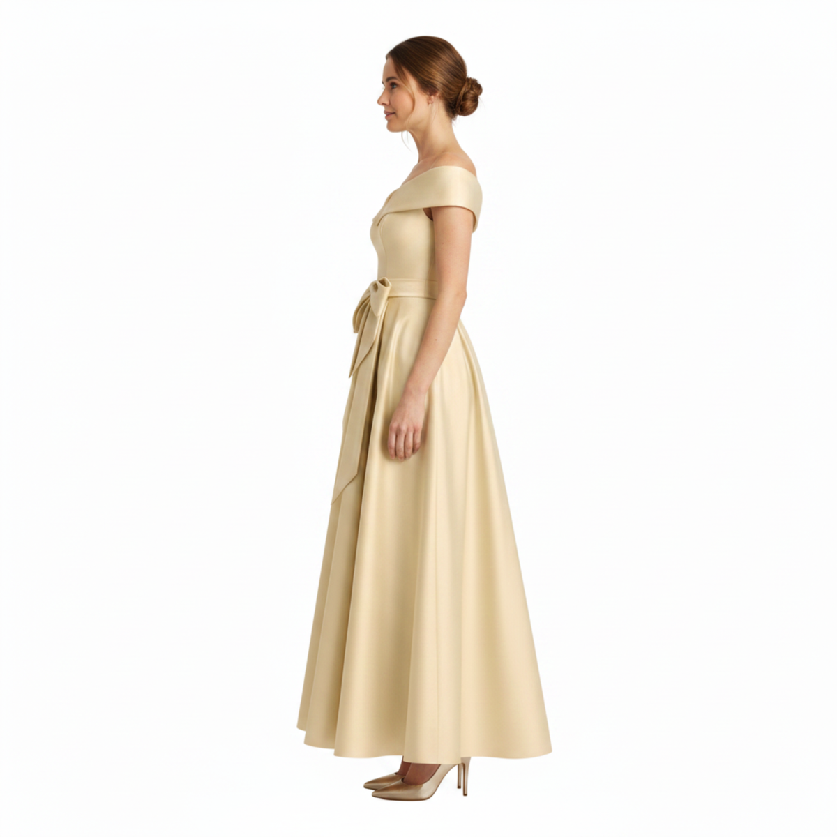 Midi Flared Wedding Guest Dress with Off-Shoulder and Waist Bow — Light Beige