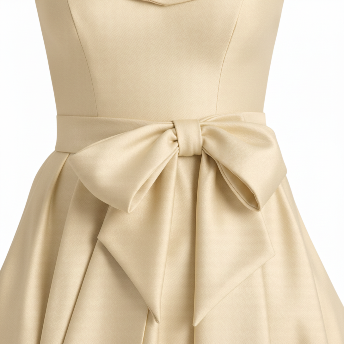 Midi Flared Wedding Guest Dress with Off-Shoulder and Waist Bow — Light Beige