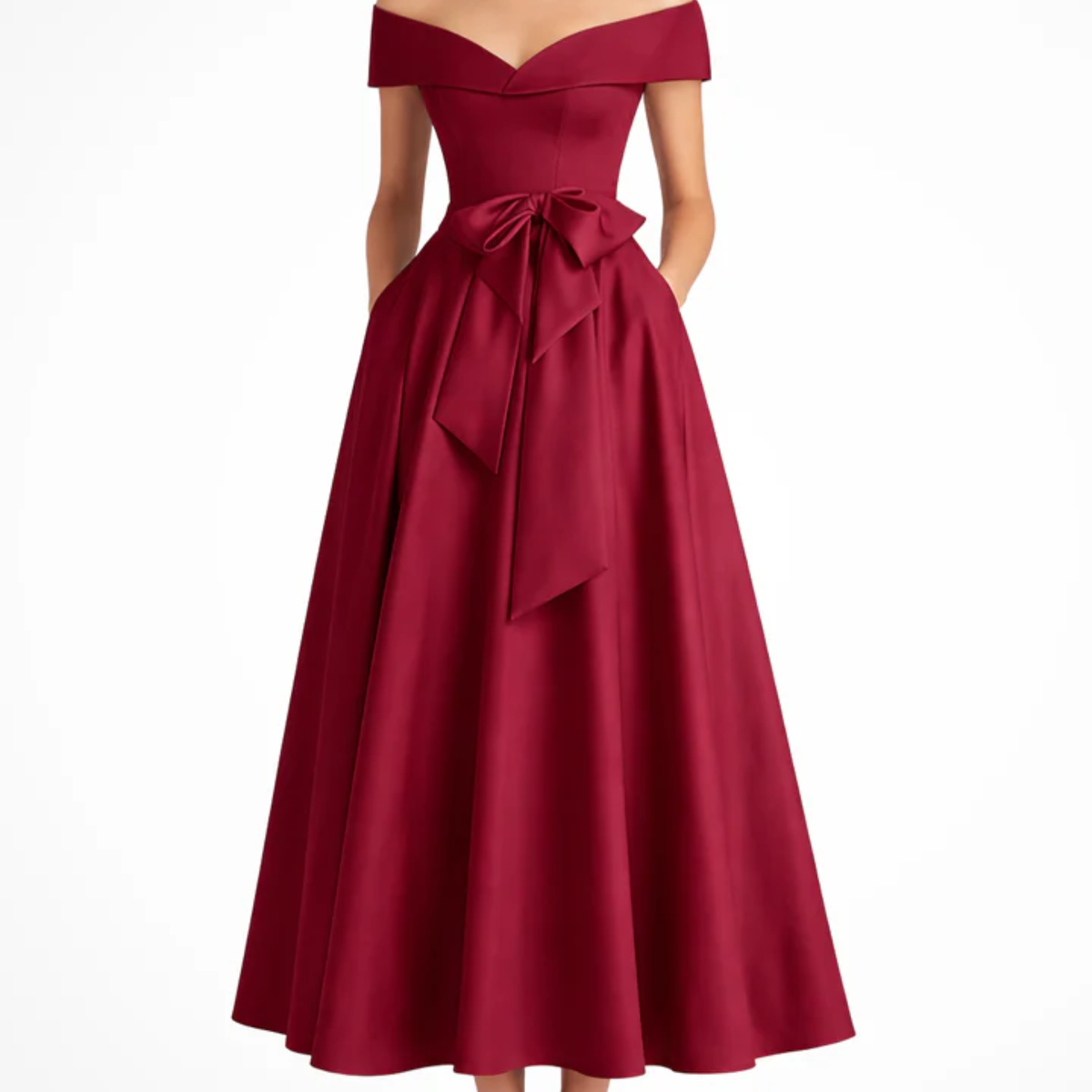 Midi Flared Wedding Guest Dress with Off-Shoulder and Waist Bow — Red