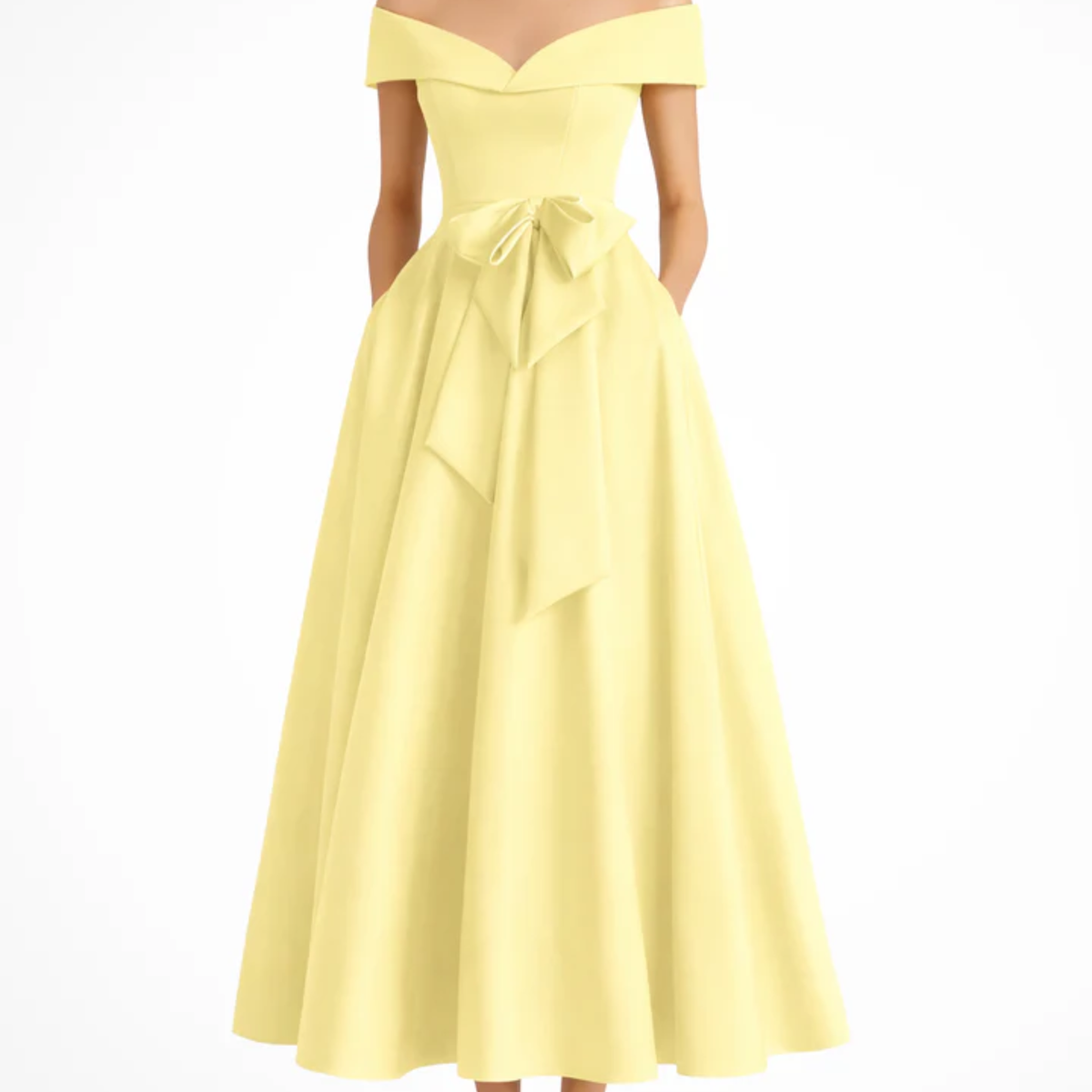 Midi Flared Wedding Guest Dress with Off-Shoulder and Waist Bow — Yellow