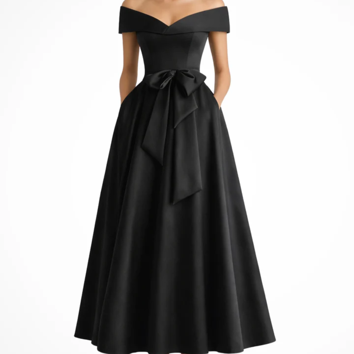Midi Flared Wedding Guest Dress with Off-Shoulder and Waist Bow — Black