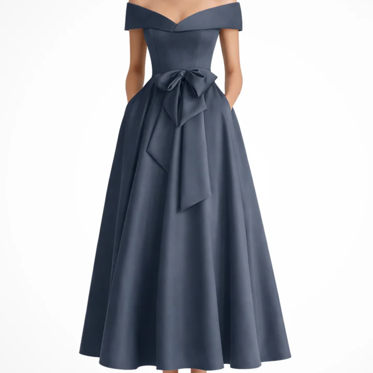 Midi Flared Wedding Guest Dress with Off-Shoulder and Waist Bow — Navy Blue