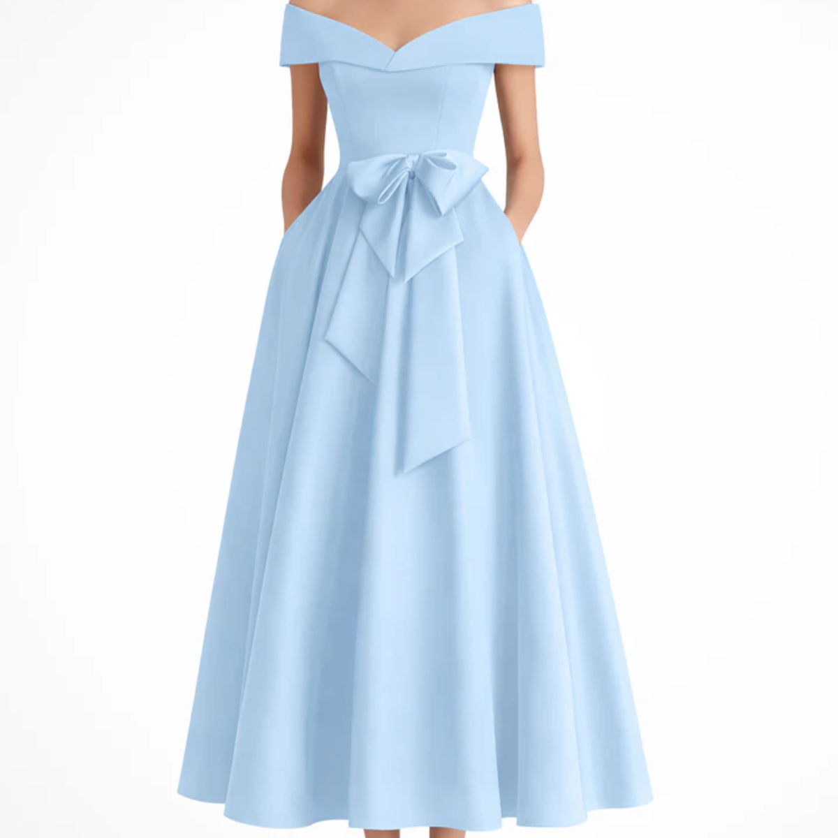 Midi Flared Wedding Guest Dress with Off-Shoulder and Waist Bow — Sky Blue
