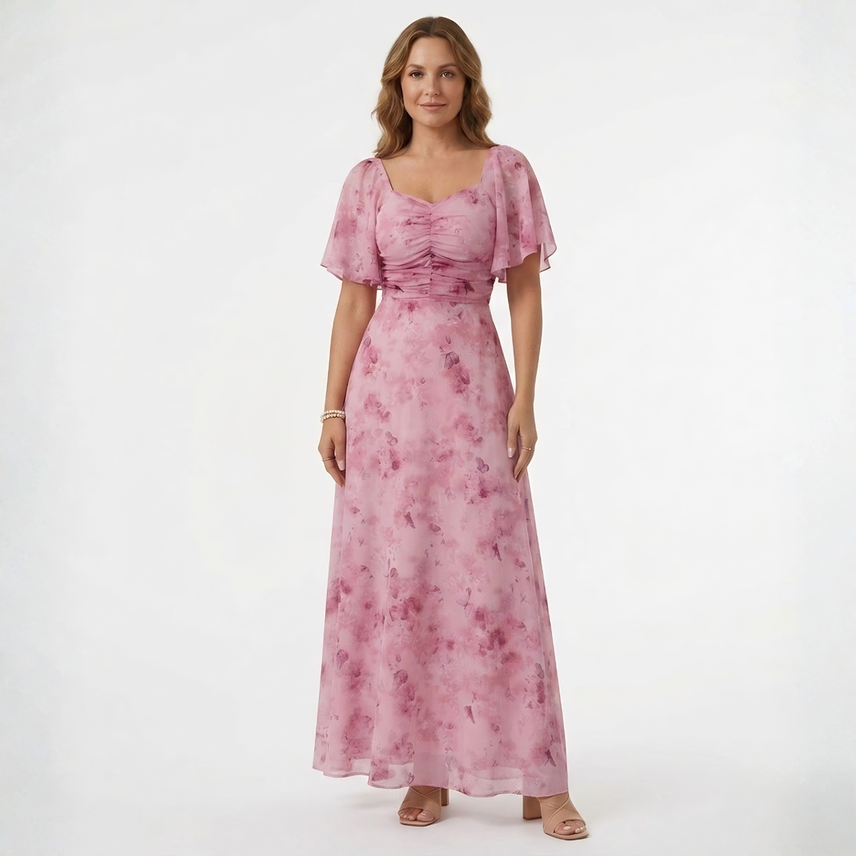 Floral Maxi Dress – Ruffled Sleeves and Sweetheart Neckline — Pink
