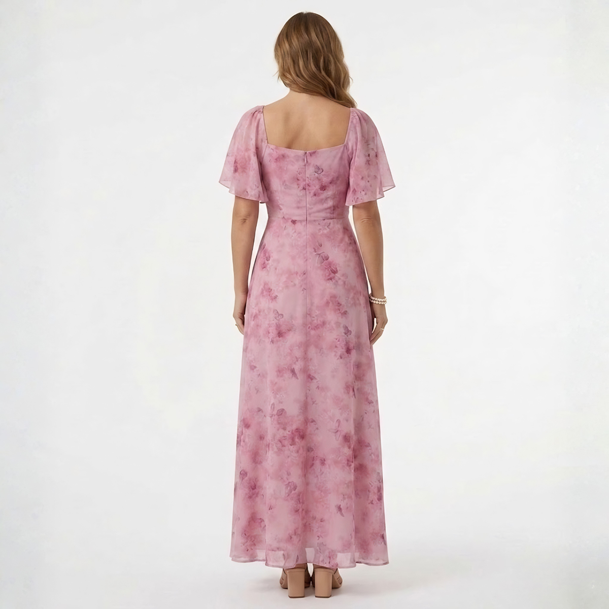Floral Maxi Dress – Ruffled Sleeves and Sweetheart Neckline — product view