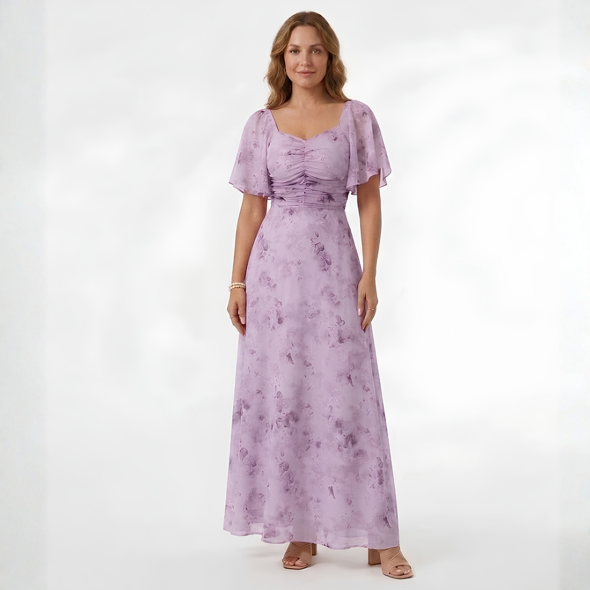 Floral Maxi Dress – Ruffled Sleeves and Sweetheart Neckline — Purple