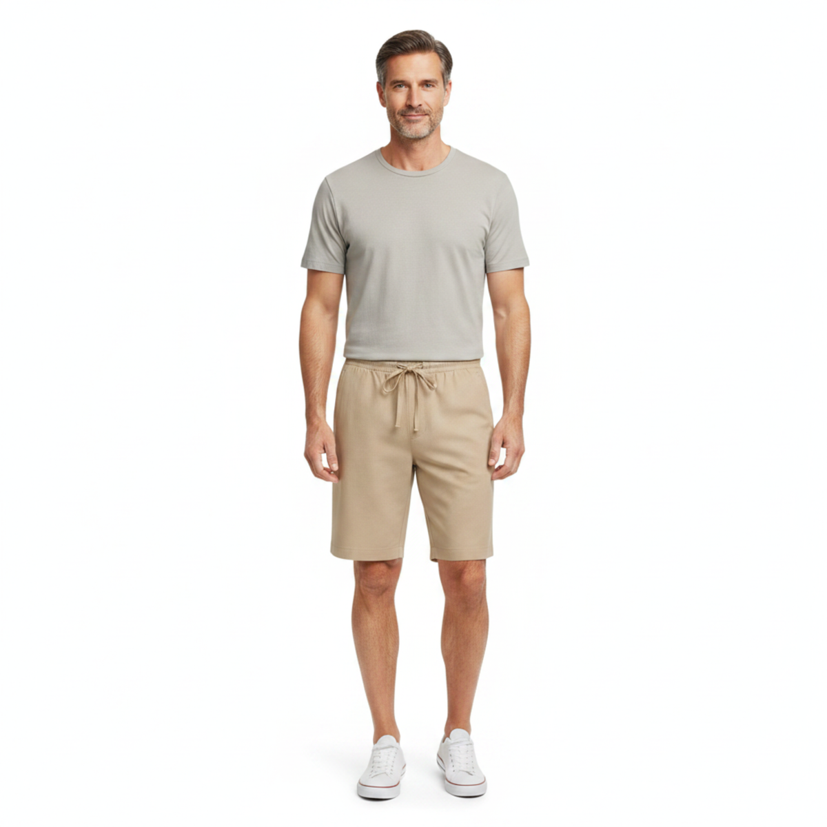 Shorts for Men with Elastic Waist and Relaxed Straight Cut — Khaki