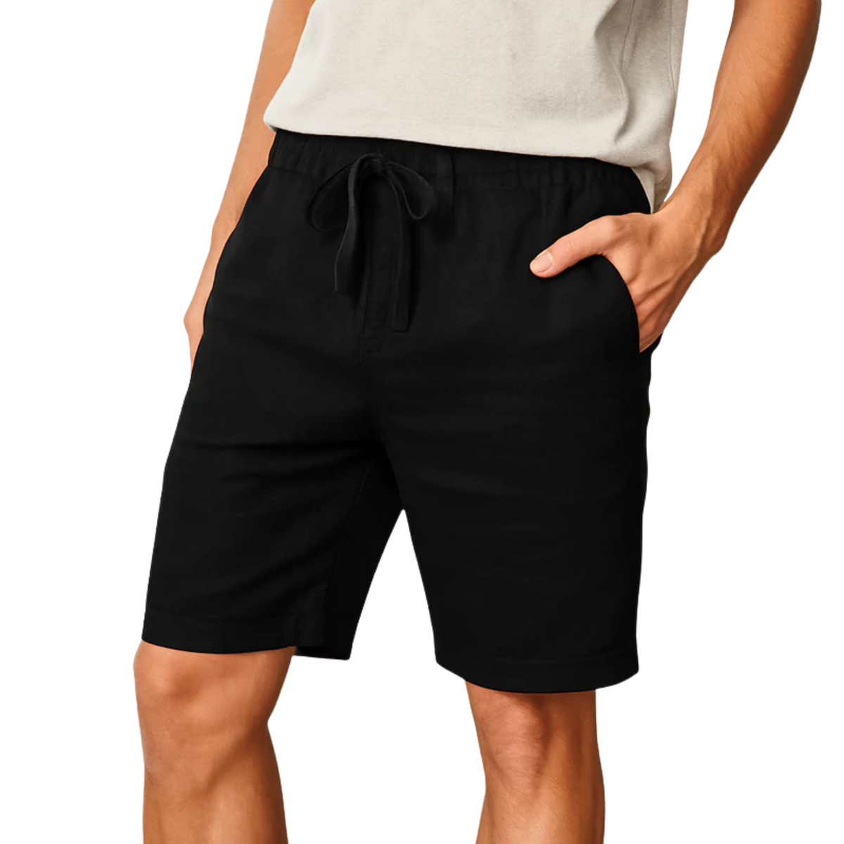 Shorts for Men with Elastic Waist and Relaxed Straight Cut — Black