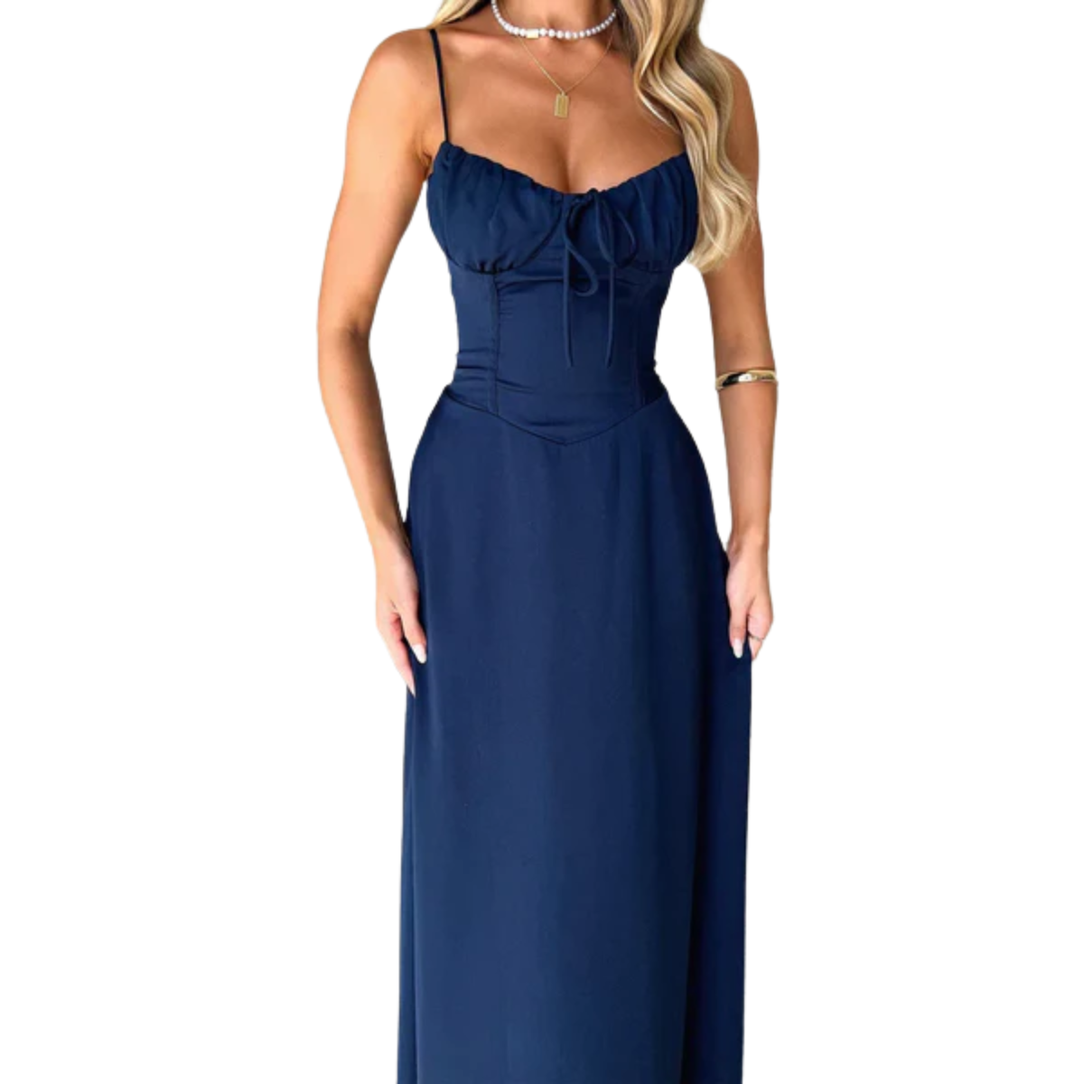 Women's long dress — sweetheart neckline and thin straps — Navy Blue