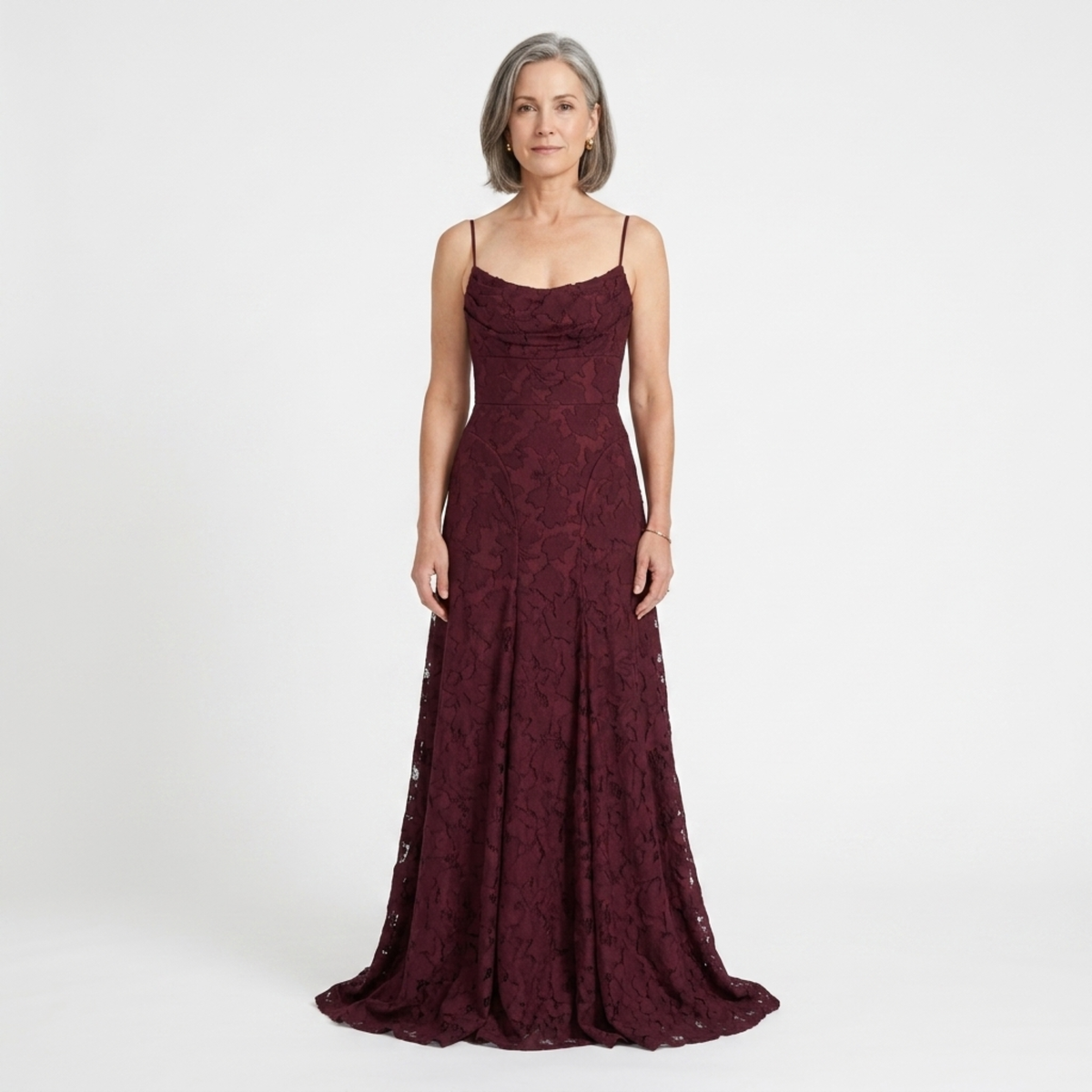Women's long dress — lace-up back and floral burnout jersey — Burgundy