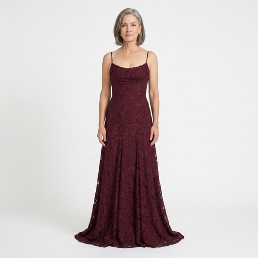 Women's long dress — lace-up back and floral burnout jersey — Burgundy