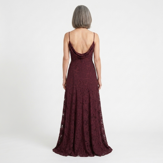 Women's long dress — lace-up back and floral burnout jersey — Burgundy