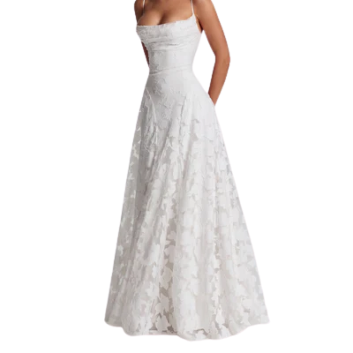 Women's long dress — lace-up back and floral burnout jersey — White