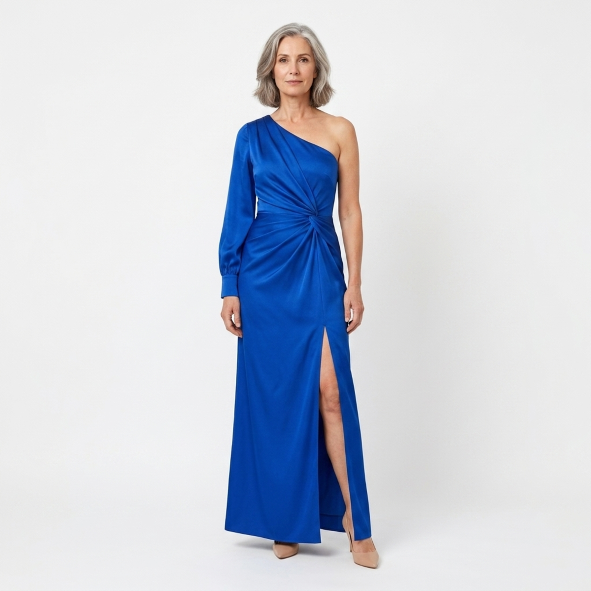 Women's long dress — asymmetrical satin with one bare shoulder — Blue