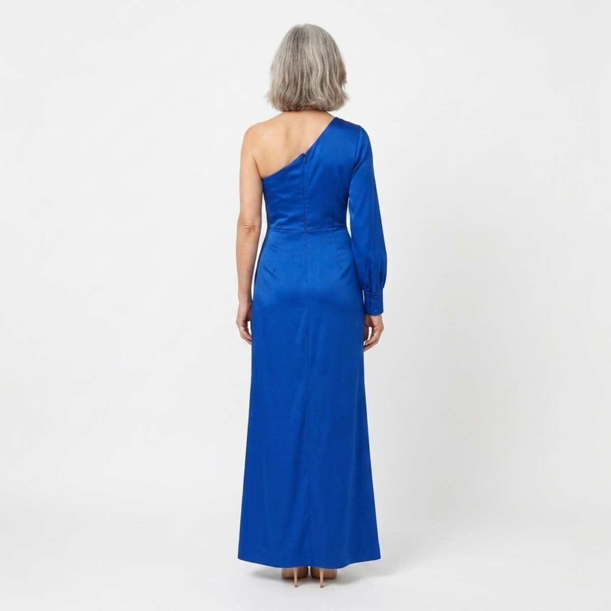Women's long dress — asymmetrical satin with one bare shoulder — Blue